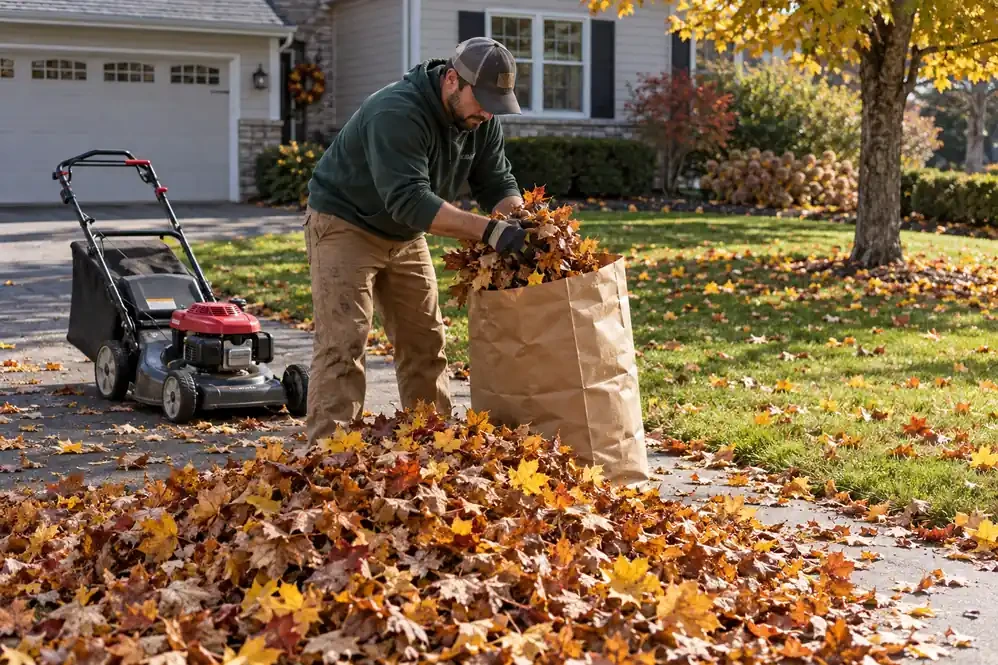 Crew bagging autumn leaves next to a mower on a driveway