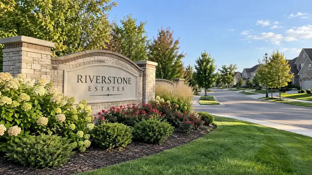 HOA community entrance sign with landscaped grounds in Lincoln, NE