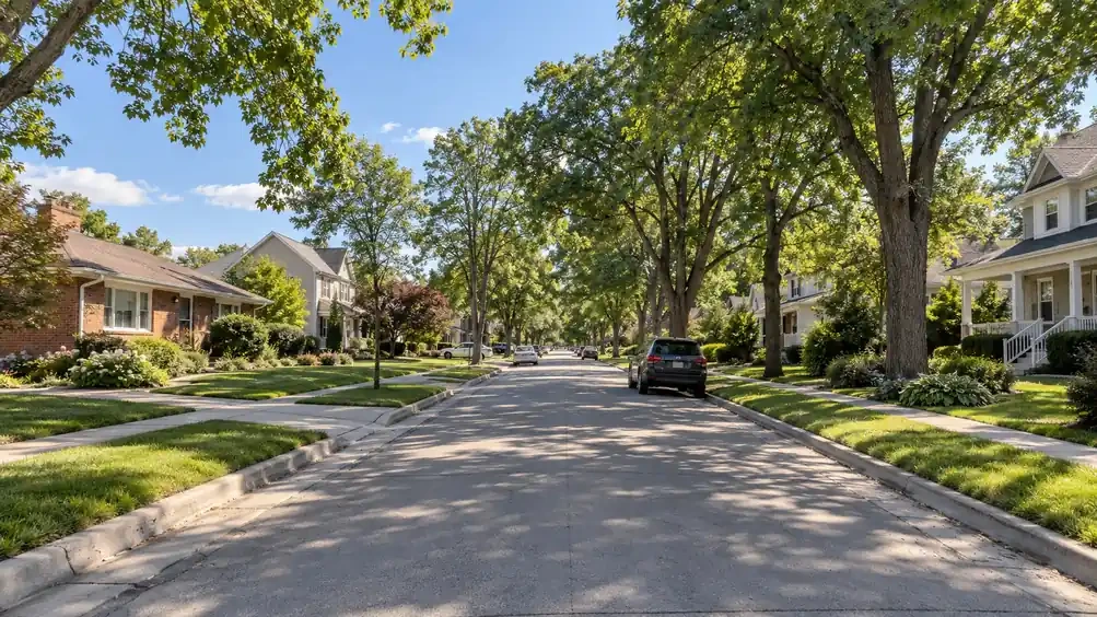 Tree-lined residential street in a Lincoln, NE neighborhood